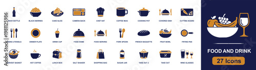 Food and beverage icon set. Containing coffee mug, cake slice, fresh fruit bowl, frying pan, chef hat, baguette, dinner plate, wine glasses, lunch box and more. Solid fill vector icons.