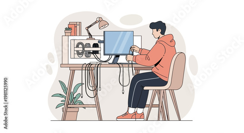 Young Man Working with 3D Printer and Computer, Modern Technology and Hobby