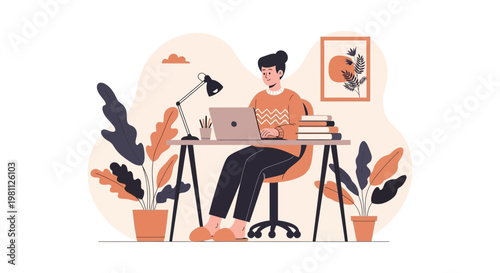 Young person working on laptop at desk with plants and books, home office illustration