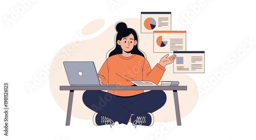 Young woman working on laptop with charts and graphs, remote work concept