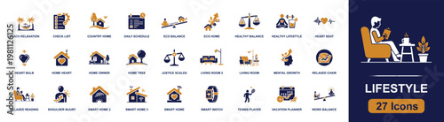 Lifestyle icon set. Containing beach relaxation, country home, living room, smart home, healthy lifestyle, mind growth, watch, tennis player, work balance and more. Solid fill vector icons.
