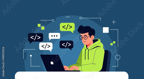 Young programmer coding on laptop with code symbols in speech bubbles, abstract tech background
