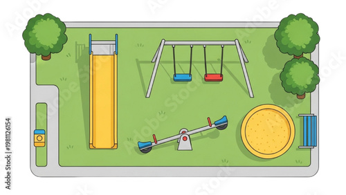 Vector 2D CAD illustration of a playground with swings and slides