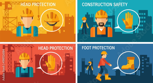 Construction Safety Banners - Head, Hand, and Foot Protection for Workers.