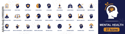 Mental health icon set containing brain, meditation, wellness, heart shield, mindfulness, therapy, mental balance, thinking head, lotus mind, mother child and more, solid fill vector icons.