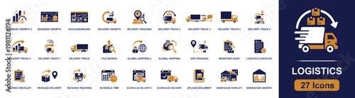 Logistics icon set. Containing delivery truck, package tracking, global shipping, GPS tracking, inventory audit, warehouse, schedule, checklist, dashboard and more. Solid fill vector icons.