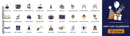 Party celebration icon set. Containing birthday cake, balloons, gift box, cake slice, champagne toast, party hat, dancing people, party horn, candle and more. Solid fill vector icons.