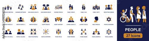 People icon set. Containing family group, discussion group, loving couple, team leader, social network, business meeting, diverse people, people talking and more. Solid fill vector icons.