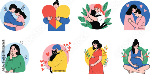 Collection of Illustrations Depicting Love, Motherhood, and Affection Including Couple Embracing, Pregnant Women, and Cat Cuddling