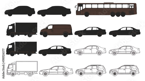 Various vehicles in vector 2D CAD illustrations on white background