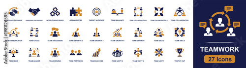 Teamwork icon set. Containing handshake, collaboration, communication, target audience, team growth, team unity, team leader, partnership, trophy cup and more. Solid fill vector icons.