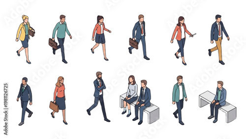 People walking and sitting in vector 2D CAD illustration style