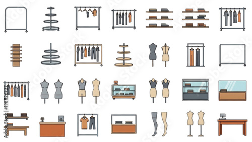 Vector 2D CAD illustrations of fashion design elements and tools on display