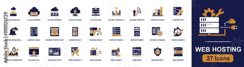 Web hosting icon set. Containing cloud backup, server rack, file upload, web analytics, web security, server speed, cloud server, web page, hosting key and more. Solid fill vector icons.