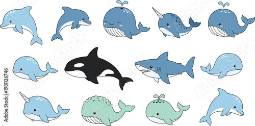 Collection of Cute Sea Animals Including Dolphins, Whales, Narwhals, Sharks, and Orcas for Kids and Ocean Designs