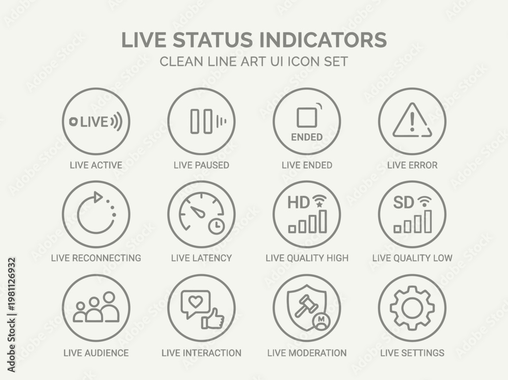 Fototapeta premium Clean line art UI icon set for live status indicators, featuring icons for active, paused, ended, error, reconnecting, latency, HD quality, low quality, audience, interaction, moderation, an