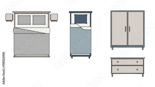 Furniture vector 2D CAD designs showcase bedroom dresser, wardrobe, and nightstand