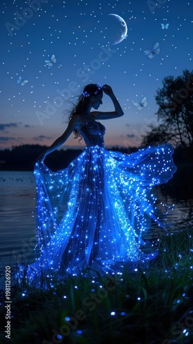 A fantasy woman in shiny dress walking by the night river under the moon