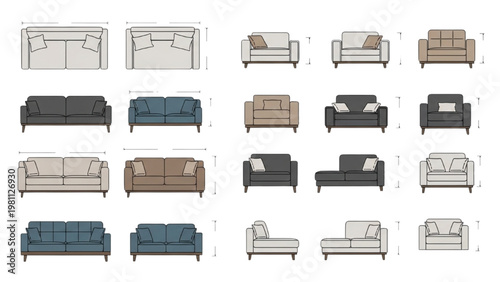 Vector 2D CAD designs of various sofas and couches in different colors and styles