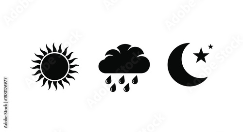 Weather icons depicting sun rain and moon with stars silhouette