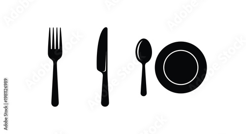 Simple black place setting with fork knife spoon and plate silhouette