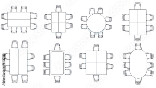 Vector 2D CAD drawings of various table layouts and shapes