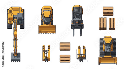 Vector 2D CAD designs showcase heavy industry machines and equipment parts
