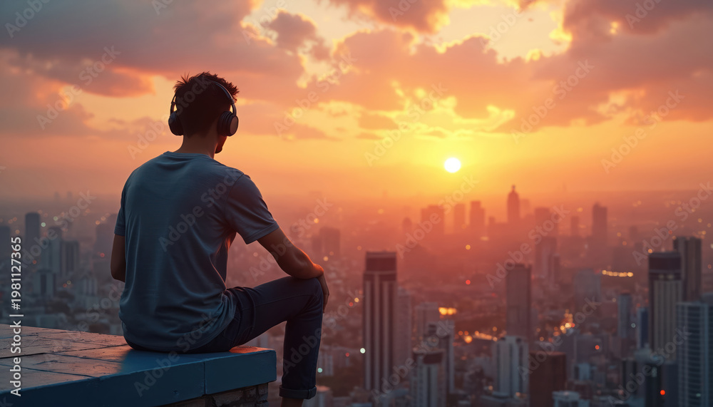 Fototapeta premium Man with headphones sits on rooftop. He gazes over city skyline at vibrant orange sunset. Enjoying calm moment listening to music, seeking peace in urban landscape, feeling freedom.
