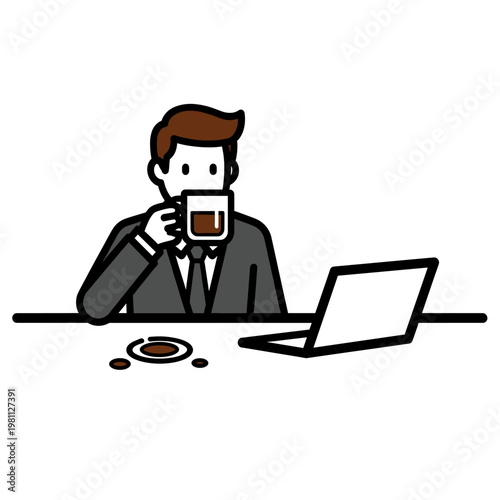 Businessman working on laptop with coffee illustration