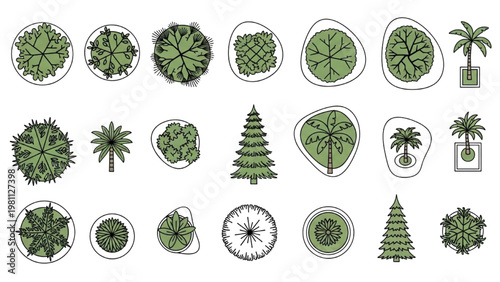 Various green trees and plants in vector 2D CAD illustrations