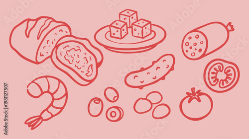 Bread, shrimp, salami, cheese, pickle, olive and tomato with hand drawn snack food elements set, vector illustration