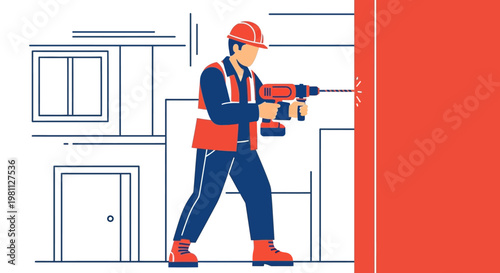 Construction worker in hard hat and safety vest operating a drill.