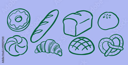 Hand drawn cafe and bakery food collection with donut, baguette, bread loaf, bun and pastries, vector illustration