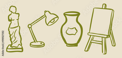Hand drawn creative art studio set with statue, desk lamp, vase and easel, vector illustration