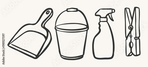 Hand drawn cleaning tools collection with dustpan, bucket, spray and clothespin, vector illustration