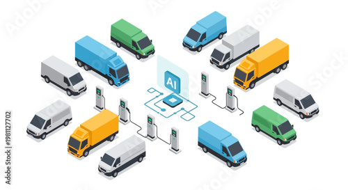 Isometric AI Powered Logistics System with Electric Delivery Trucks and Vans at Charging Stations, Smart Fleet Management and Sustainable Transportation Concept Illustration.