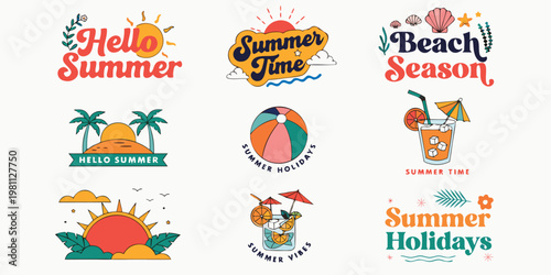 Collection of nine colorful and playful summer stickers with text and beach vacation elements.