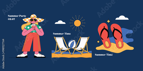 Summer party scene with woman drinking, deck chairs, and flip-flops on beach