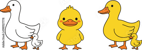 Collection of Cute Duck Illustrations Including White Duck, Yellow Duckling, and Mother Duck with Duckling for Spring and Animal Designs