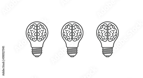 Three lightbulbs containing brains depict innovative thought a silhouette