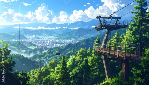 Idyllic scene cable car station atop lush green hill overlooking sprawling town with distant mountains