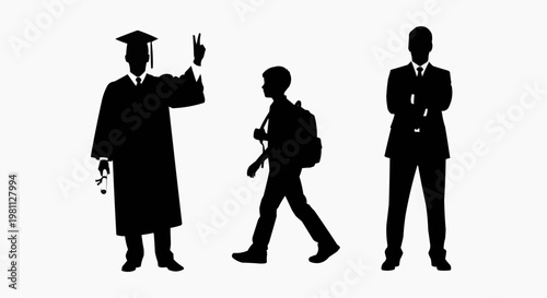 Black Silhouette Set of Male Graduate Wearing Cap and Gown Student with Backpack and Successful Man for Education Achievement Concept