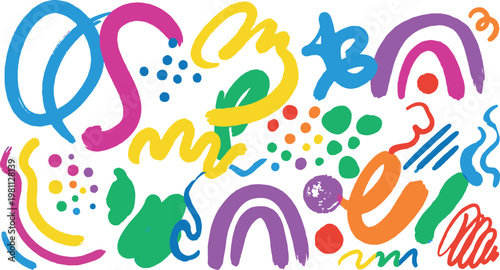 Hand drawn colorful doodle elements set with abstract brush strokes rainbows and swirls for creative design projects