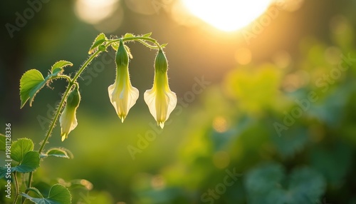 Delicate white morning glory flowers hang from a thin vine. Soft sunbeams illuminate the green leaves and petals. Gentle plant growth in a rich garden setting.