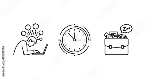 Stress time pressure and exhaustion represented as simple line art silhouette