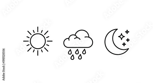 Weather icons depicting sun rain and moon as dark silhouettes