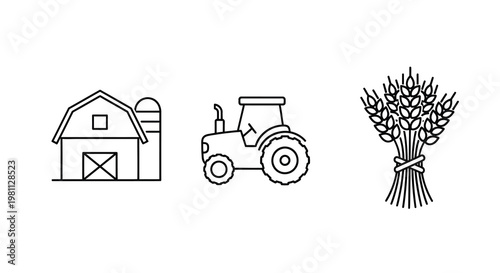 Farm icons depicting a barn tractor and wheat linear silhouette