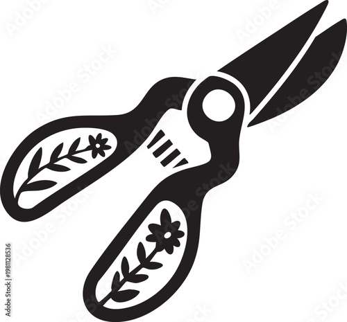 Gardening shears logo decorative handles, tool for cutting plants, isolated on white background
