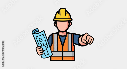 Construction Worker with Blueprint Pointing Forward.