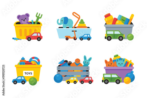 Kids toy box vector set, collection of colorful bright playthings including blocks, balls, dolls, and puzzles, perfect for children’s education, nursery, and playful design projects.